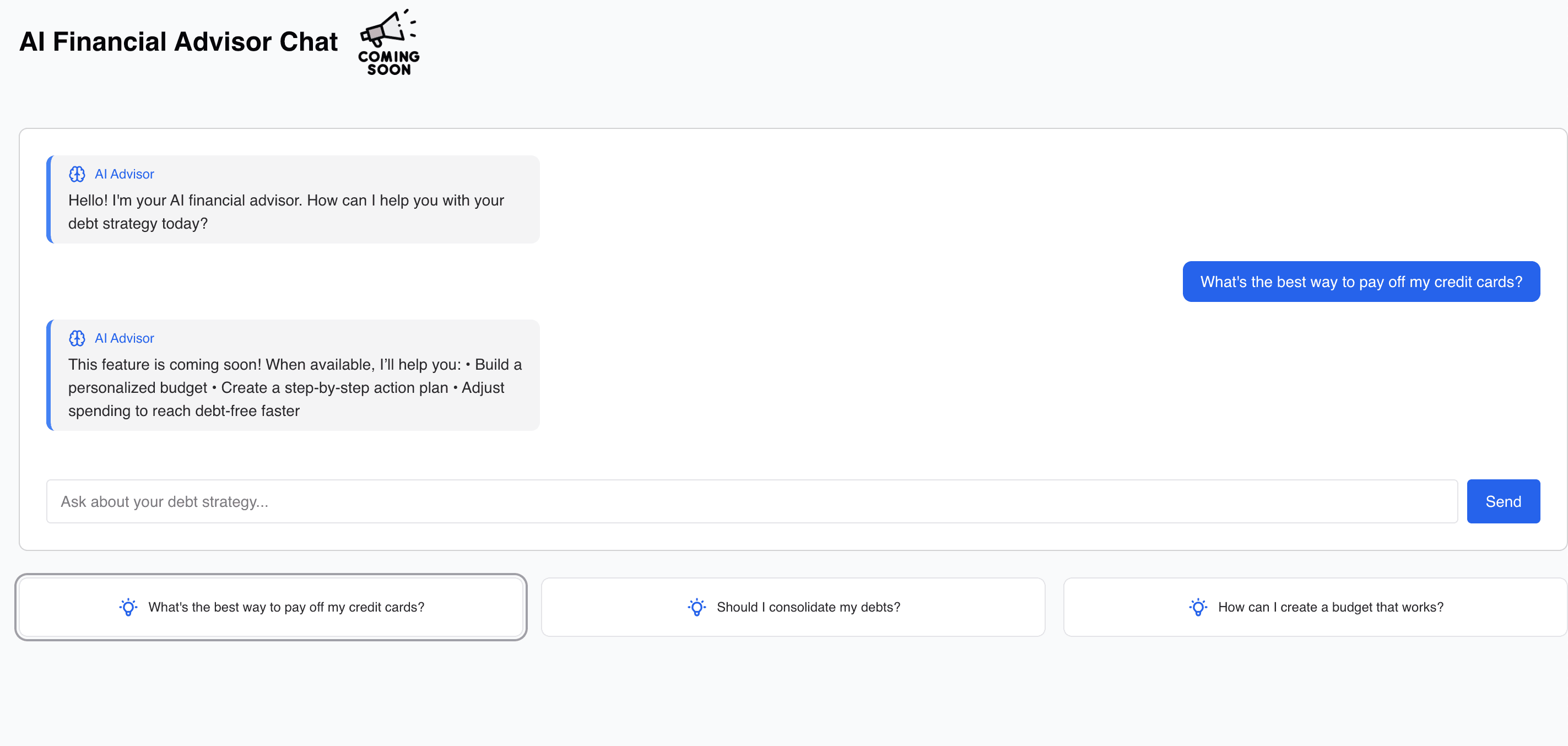 AI advisor chat interface for debt strategy questions