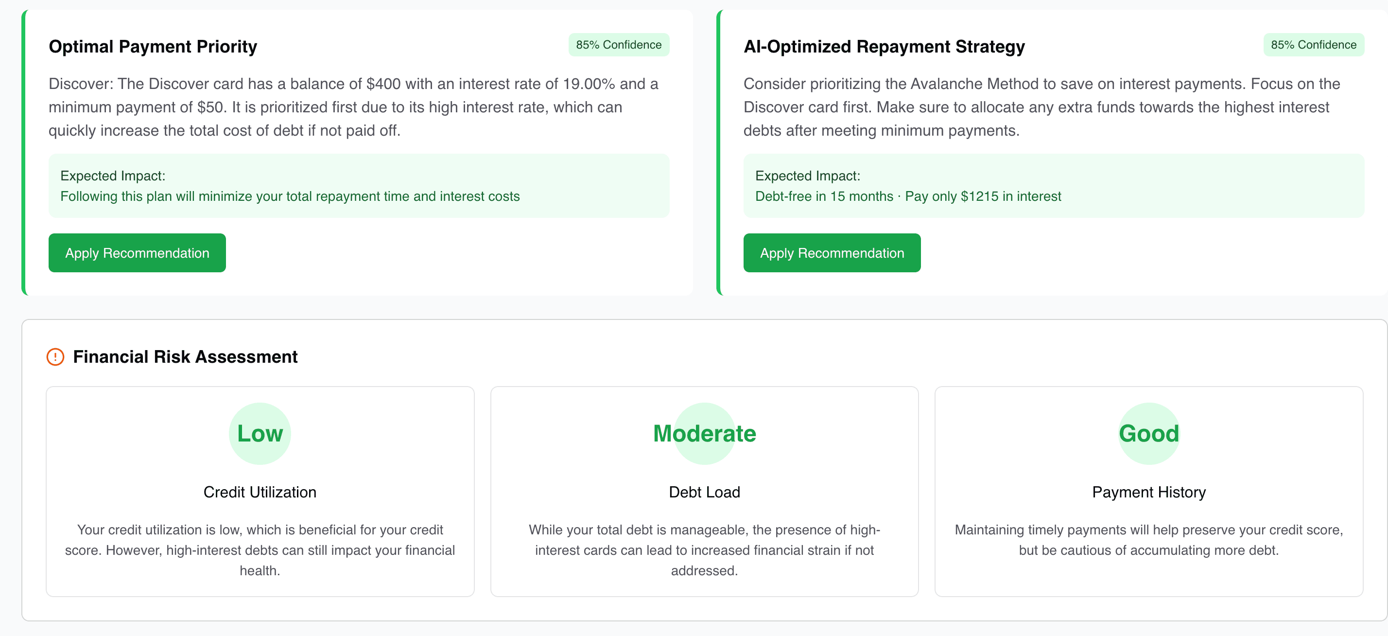 AI generated financial risk assessment cards and recommendations