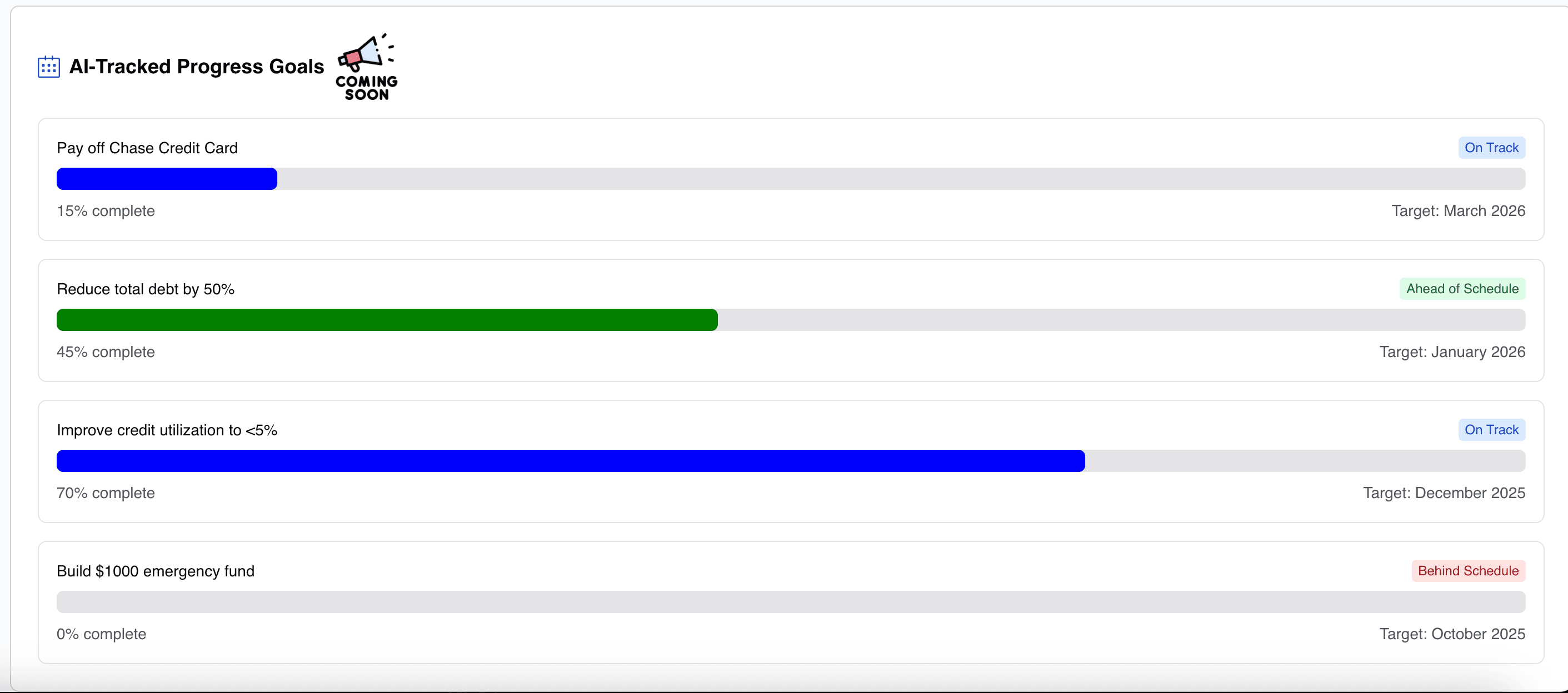 Progress bars tracking debt payoff and financial goals
