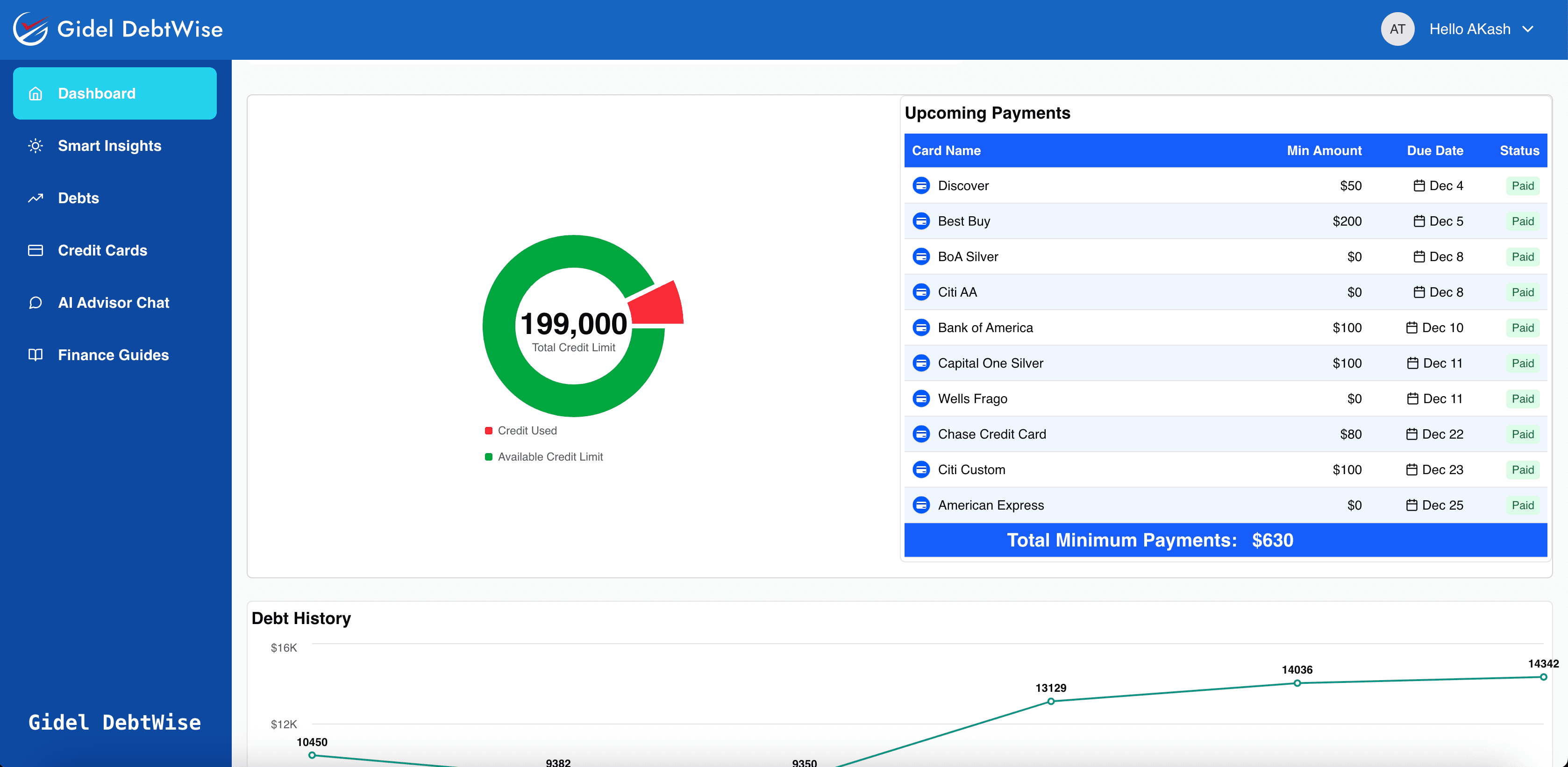 Upcoming card payment list and debt history chart